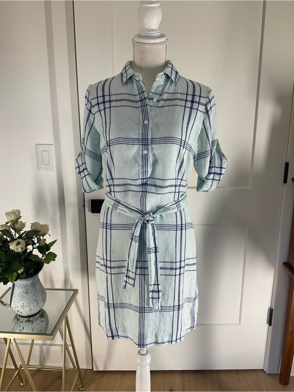 J.McLaughlin Linen Shirt Dress Plaid Belted Blue White Size XS